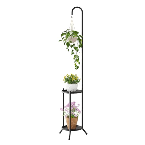 2-Tier Metal Plant Stand with Hanging Hook Indoor Outdoor Plant Shelf Heavy Duty Plant holder Rustproof Iron Multiple Plant Round Supports Rack for Planter Corner Garden Balcony Patio (Black)