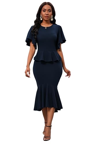 Image of Womens Summer Ruffle Short Sleeve Fishtail Dress Evening Cocktail Formal Peplum Midi Mermaid Dresses Elegant