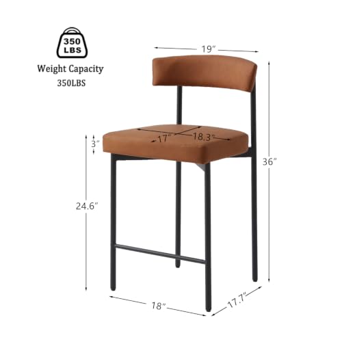 Image of GrandNoor Brown Modern Bar Stools Set of 3, 24 Inch Faux Leather Counter Stools with Curved Backrest, Counter Height Bar Stool for Kitchen Island