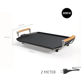 Boska Plancha Électrique Pro – Plaque Teppanyaki 35x56 cm – Revêtement Céramique sans PFAS – Thermostat Réglable – Écoulement des Graisses – Poignées en Chêne – Noir
