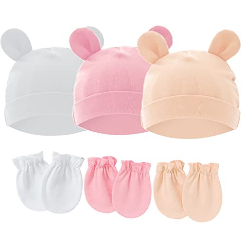 Image of Newborn Hat and Mitten Set 3-Pack Baby Soft Bear Ears Beanies Cap & No Scratch Mittens for 0-3 Months Boys Girls(White & Pink & Champagne)