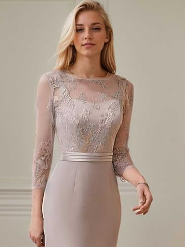 Two Piece Sheath Elegant Wedding Guest Dress Jewel Neck Tea Length Stretch 3/4 Length Sleeve Appliques 20254