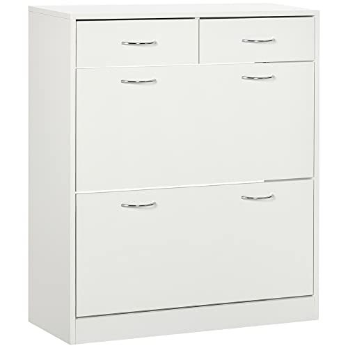 HOMCOM Armario de Zapatos Mueble Zapatero Estrecho con 2 Cajones Abatibles y 2 Cajones Extraíbles para 12 Pares de Zapatos para Salón Entrada Pasillo 80x30x91,5 cm Blanco