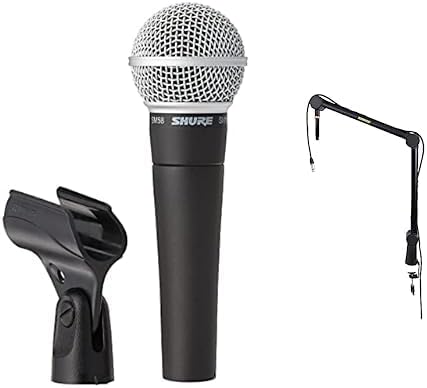 Shure SM58-CN Microphone Bundle with Shure by Gator Deluxe Articulating Desktop Podcasting Mic Boom Arm with Cable Management Channel, Clamps Easily to Any Desk, 25' XLR Cable