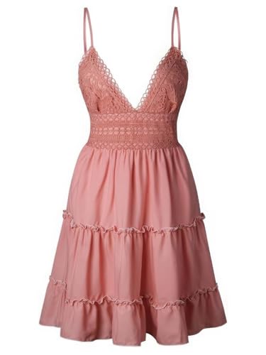 Image of ebossy Women's Sexy Boho V Neck Sleeveless Backless Lace Swing Mini Dress Spaghetti Straps Beach Vacation Sundress