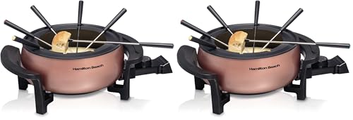 Image of Hamilton Beach 12 Cup Electric Fondue Pot Set with Temperature Control, 6-Color Coded Forks, for Cheese, Chocolate, Hot Oil, Broth, 3 Quarts, Copper (86201) (Pack of 2)