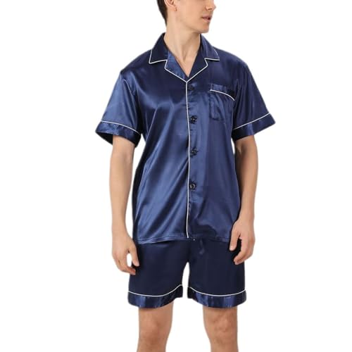 Men's Satin Pajama Set Summer Pajamas Short Sleeve Shorts Set Thin Lightweight Silky Button Down Sleepwear