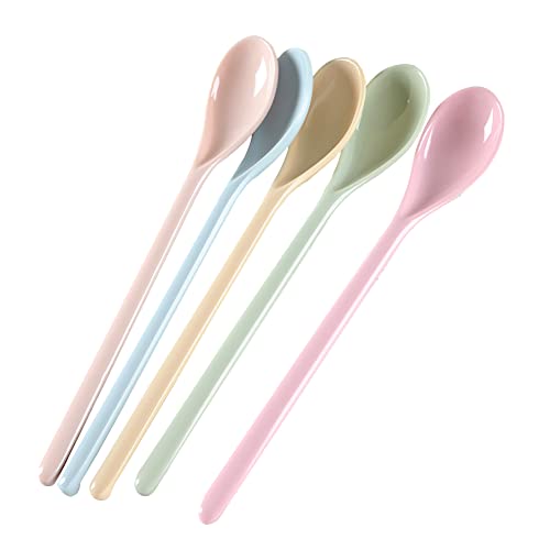 HugeDE 5 Pcs Long Handle Melamine Spoons Colorful Coffee Spoons Cocktail Stirring Spoons Yogurt Mixing Teaspoon for Ice Cream Milk