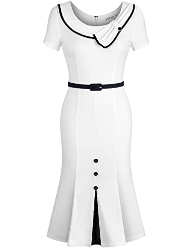 Muxxn Women's Round Neck Belt Waist Dresses Mid Length Wedding Guest Bridesmaid Formal Dress (Off White L) #TOP23