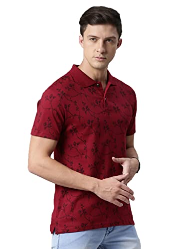 Image of KRYPTIC Men's 100% Cotton Maroon Flower Printed Polo Tshirt (M)