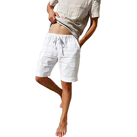 LVCBL Cotton Linen Shorts for Men Casual Classic Fit Short White M Cover