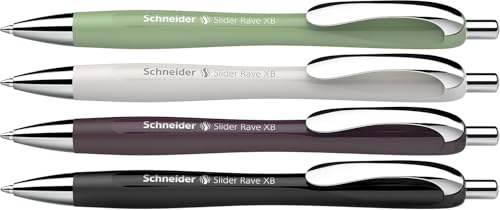 Schneider 132684 Slider Rave XB Kugelschreiber (Weiches Schreiben ohne Kratzen für lange Texte in Schule, Uni und Beruf) 4 Stück, Naturgrün + 3 Farben, Tinte: Blau