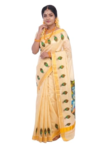 Image of Women's Mural Printed Kerala Gold Tissue Saree with Running Blouse Piece | Traditional South Indian Ethnic Saree for Festivals, Weddings & Special Occasions