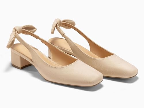 Image of Coutgo Womens Chunky Low Heels Bow Slingback Pumps Closed Square Toe Wedding Party Dress Shoes