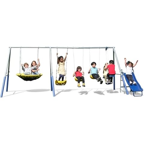 Sportspower 'Swing and Play' Galvanized Metal Swing Set(6 Year Warranty): 2 Swings+Standing, 2 Kid Roman Glider+Saucer, 5' Wavy Slide, EXCEEDS ASTM Safety Standards*4pc Anchor Kit* Cover