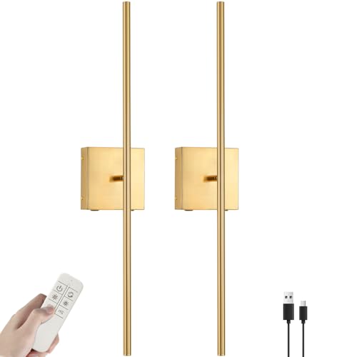 Image of 27.5 Inch Gold Battery Operated Wall Sconces Set of 2, LED Dimmable with Romote Control, 3CCT, Rechargeable, 360 Rotate, Wireless Wall Light for Living Room Hallway Bedroom