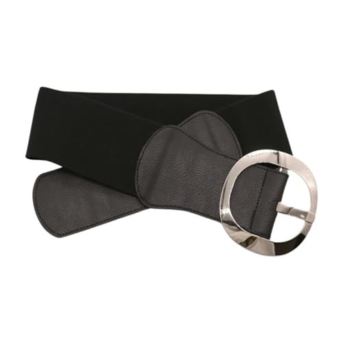 Generic Women Black Elastic Fashion Belt - Hip High Waist Wide Band Gold Metal Round Buckle Size S z1653