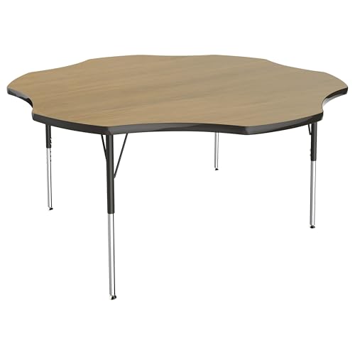 Image of FDP Flower (60 x 60 inch) Collaborative Classroom Table with Adjustable Standard Swivel Glide Legs (19-30 in); School and Office Furniture - Pasadena Oak Top /Black Edge and Legs