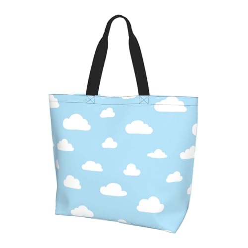 White Clouds Cartoon Blue Water-Resistant Shoulder Tote Bag - Lightweight Polyester Carryall With Transfer Print, Daily Essentials Bag