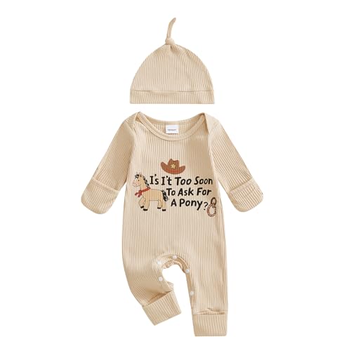 Image of Ysfanwuxi Western Newborn Baby Boy Cowboy Outfit Little Pony Romper Rib Knit Jumpsuit with Hat Coming Home Fall Clothes