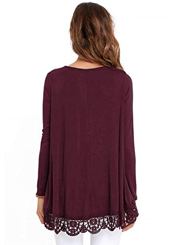 detimi Women Long Sleeve Lace Trim O-Neck A-Line Tunic Loose Blouse Burgundy L