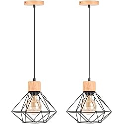 Lamparas Colgantes Conforama TOKIUS 2 Piezas Lámpara Colgante Vintage 22CM Retro Lámpara de Techo Diseño de Jaula Negro Luz Colgante en Madera Hierro E27 Iluminación de Interior para Salón Comedor Dormitorio (Colgante 1 Luz)