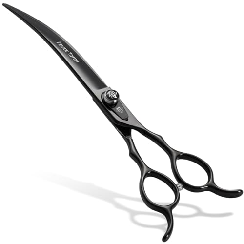 Fenice Totem Dog Grooming Scissors: 8 inch Bright Black Pet Curved Shears Made Of Japanese 440C Advanced Stainless Steel Professional Grooming Scissors for Dogs Cats and Other Pets