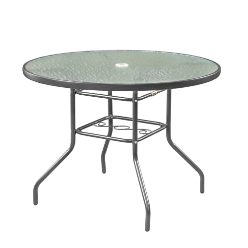 Garden Elements Outdoor Patio Furniture, Round Dining Table, Steel Base and Rim with Water-Wave Glass Top, Grey, 40