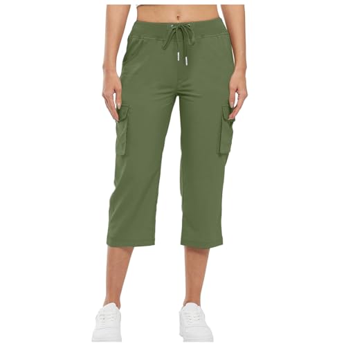 Cargo Capris for Women Casual Drawstring Lightweight Cropped Pants with Pockets Summer Workout Hiking Baggy Trousers Green L