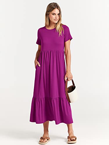 Image of ANRABESS Womens 2026 Summer Casual Maxi Dress A line Tiered Flowy Short Sleeve Crewneck T Shirt Beach Travel Long Dresses