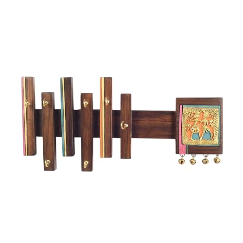Image of AAKRITI ART CREATIONS Key Holder, Tribal Elegance Key Hanger | Rustic Wood Wall Organizer with 7 Hooks | New Home Gifts | Multifunctional Entryway Decor Item