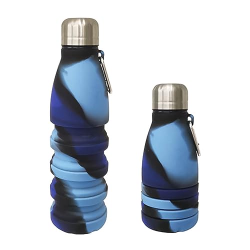 YverLand 550ml Collapsible Conical Water Bottle for Adult with Stainless Steel Stopper Sports Water Bottle for Kids Boys Girls Football Basketball (Blue Black)