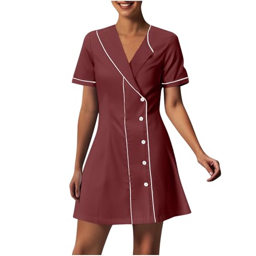 2025 Women Scrub Uniforms Housekeeping Spa Pocket Work Dresses Workwear Button Front Short Sleeve Nurse Dress