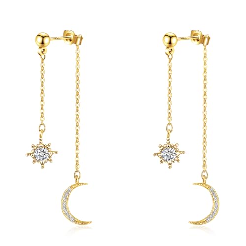 Watforsh Moon and Star Dangle Earrings for Women Chain Tassel with Cubic Zirconia Drop, 14k Gold...