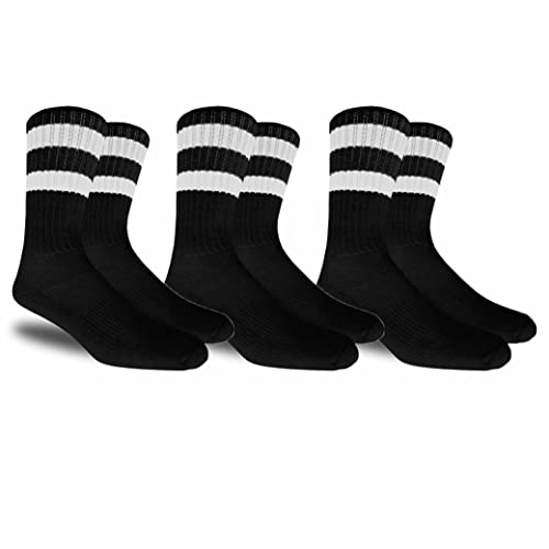 3 Pairs Men Athletic Socks Stripe Tube Crew Calf Retro Sport Black One Size 17