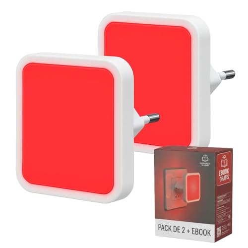 Luz Roja Nocturna Enchufable | Pack de 2 + Ebook | Luces Rojas Nocturna Melatonina para Dormir Mejor | Luz Roja Bebé y Luces Rojas Enchufe Antiflicker | Noche Relajante Sueño, Descanso y Bienestar