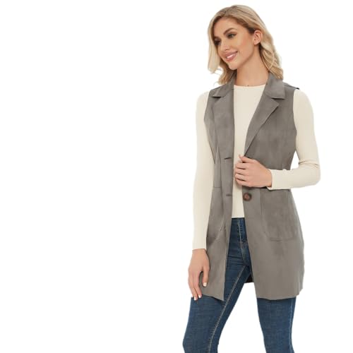 Charis Allure CA190393 Women'S Long Sleeveless Suede Vest Casual Lapel Open Front Duster Vest,Grey,L thumb #4
