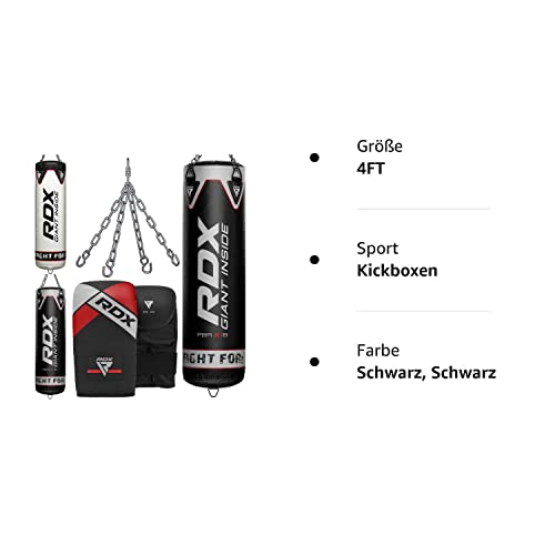 Foto von RDX Boxsack Gefüllt 3PC Set, 4ft 5ft Erwachsene Anti Schwerkraft Maya Hide Leder Punchingsäcke mit Boxhandschuhe Kette, Boxen Kampfsport Kickboxen Muay Thai MMA Training Punch Bag, Heim Gym Fitness