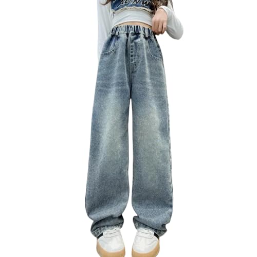 Kids Girls' Fashion Elastic Waist Wide Leg Baggy Denim Pants Straight Washed Loose Jeans Age 5-14 Years