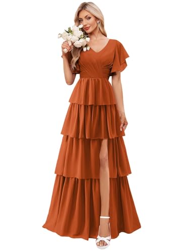 OFEECHUN V Neck Tiered Ruffle Bridesmaid Dresses for Women Flutter Sleeve Chiffon Long Formal Party Gown with Slit