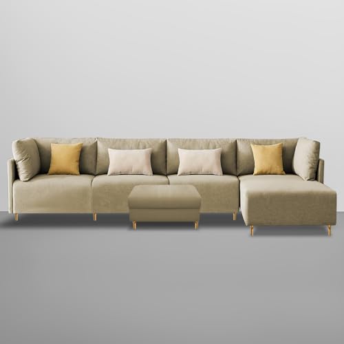 Image of Carina RHS 6 Seater L Shape Sofa Set with Center Table for Living Room (Cream Fabric) Premium Fabric Sofa