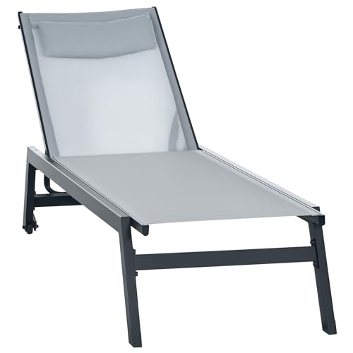 Outsunny Bain de Soleil transat en Aluminium et textilène avec Dossier inclinable Multi-Positions, roulettes et Repose-tête Gris Clair