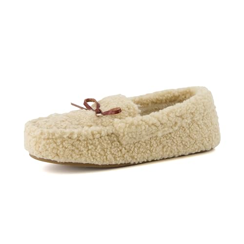 CUSHIONAIRE Star Women’s Faux Sherpa Moccasin Slippers – Cozy Indoor/Outdoor Slip-On with Memory Foam & Durable Rubber Sole, Wide Widths Available
