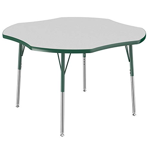 Image of FDP Clover Activity School and Office Table (48 x 48 inch), Standard Legs with Swivel Glides for Collaborative Seating Environments, Adjustable Height 19-30 inches - Gray Top and Green Edge