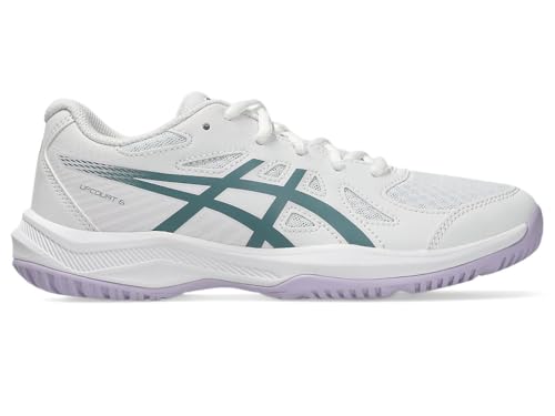 ASICS Kid's Upcourt 6 Grade School Volleyball Shoes, 3.5, White/Foggy Teal