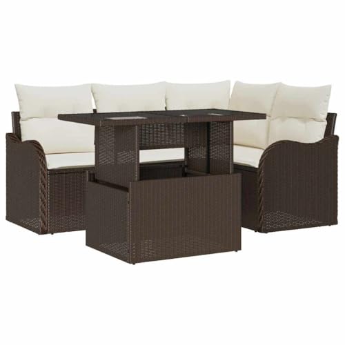 vidaXL Conjunto de sofá de jardín 5 pcs Marrón Rattan de Poliéster, Sofá Modular Moderno para jardín y terraza, Muebles de Patio, Comodidad al Aire Libre