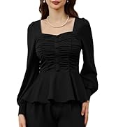 Belle Poque Peplum Tops for Women Square Neck Long Sleeve Blouses Ruffle Hem Smocked Elegant Shirts