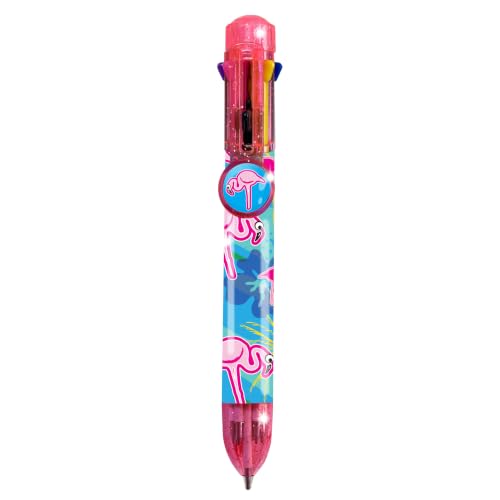 Rainbow Writer - Flamingo Pen by Deluxebase. Multicolored 8-in-1 Retractable Novelty Ballpoint Pen with Cute Animal Design. Smooth Ink Writing Pen and Fun Stationery Supplies