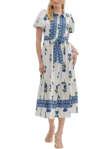 Image of Women Patchwork Dress Y2k Floral Puff Short Sleeve Maxi Dress Summer Boho Smocked Tiered Ruffle Beach Sundress