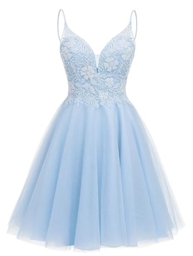 Image of Sparkly Tulle Homecoming Dresses Short Lace Prom Dresses for Teens V Neck Beaded Cocktail Dresses